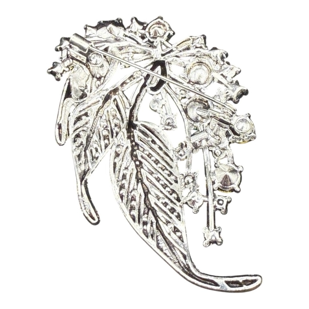 Elegant Silver and Green Leaf Rhinestone Brooch - Picture 6 of 8